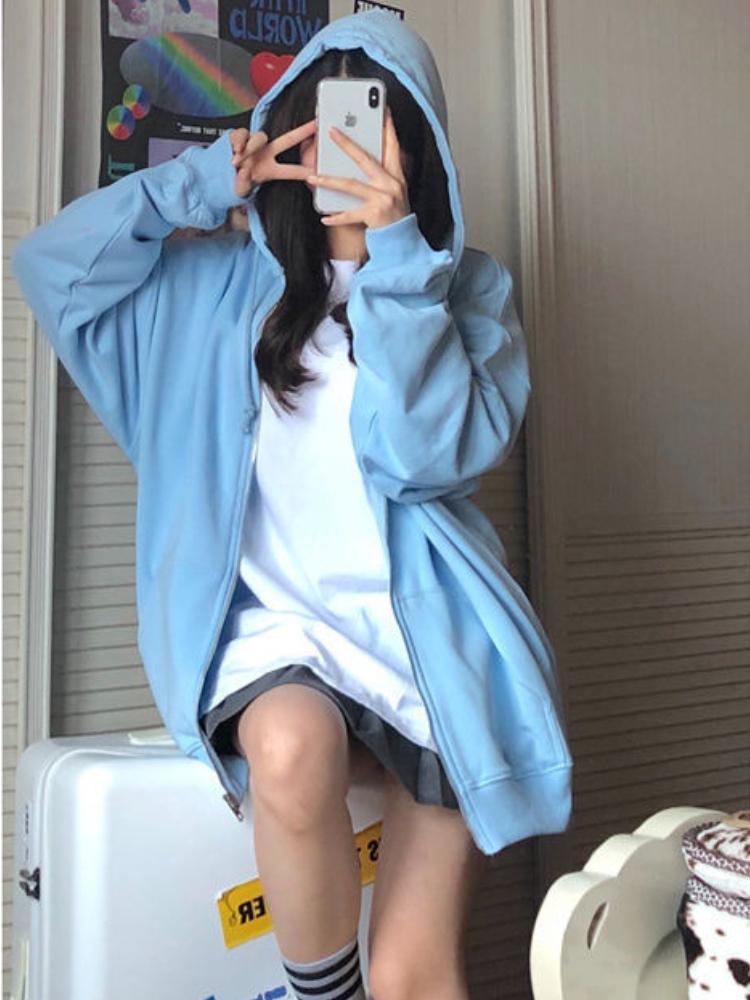 Vintage Zip Hoodie - Oversized Hooded Sweatshirts Korean Fashion Loose
