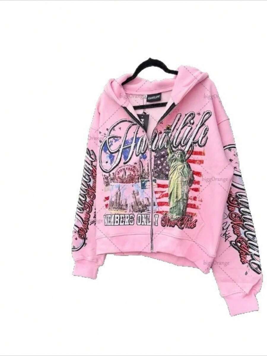 Vintage Zip Hoodie - Pink Oversized Zip-Up Hoodie with Graphic