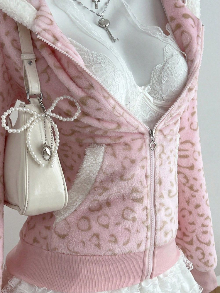 Vintage Zip Hoodie - Cute pink Leopard Pint Hooded Y2k