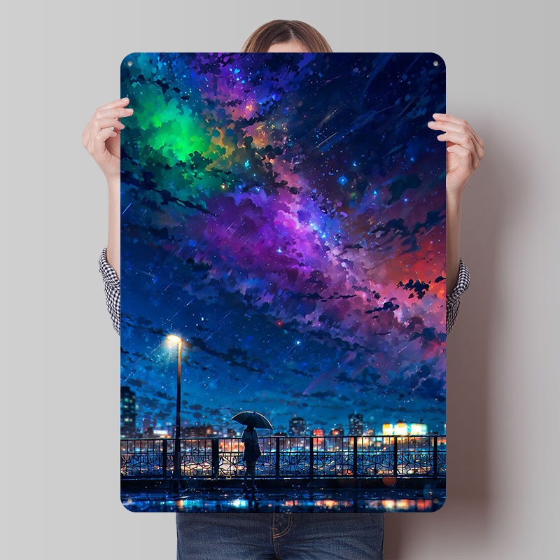 Vintage Item - Rainy Night Cityscape Metal Poster Tin