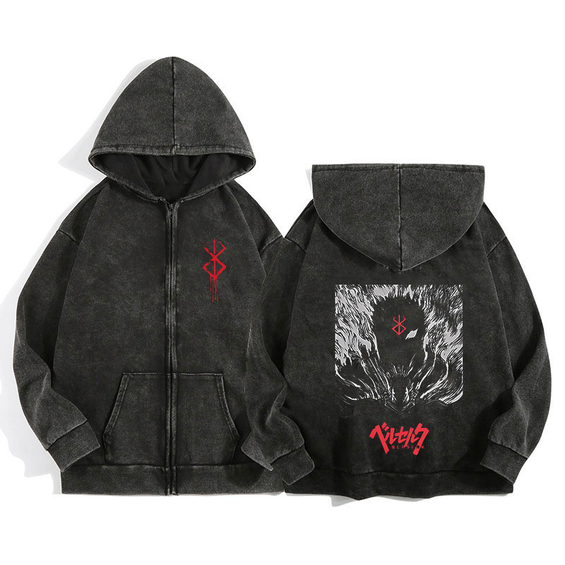 Vintage Zip Hoodie - Anime Berserk Wash Zip Up Hoodie