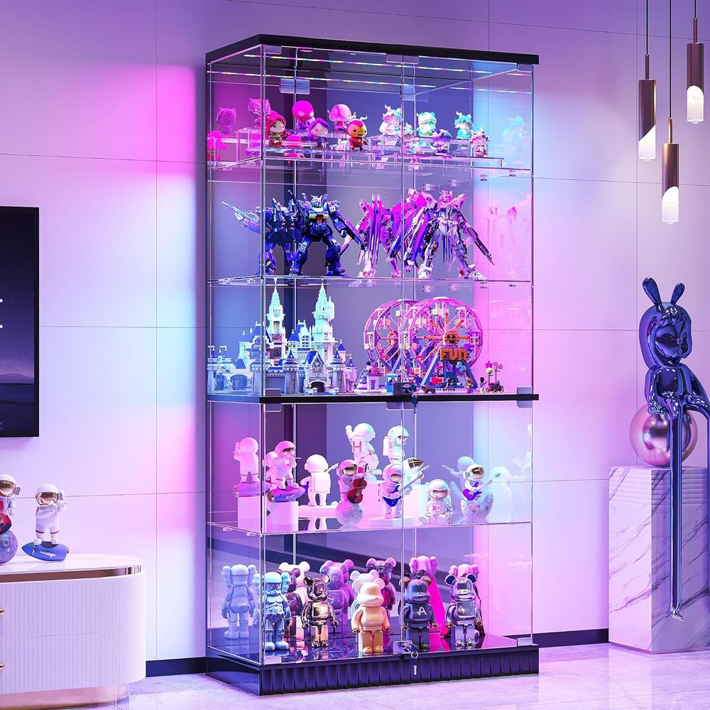 Collectible Collection - LED-Illuminated 5-Tier Lockable Glass Display Cabinet