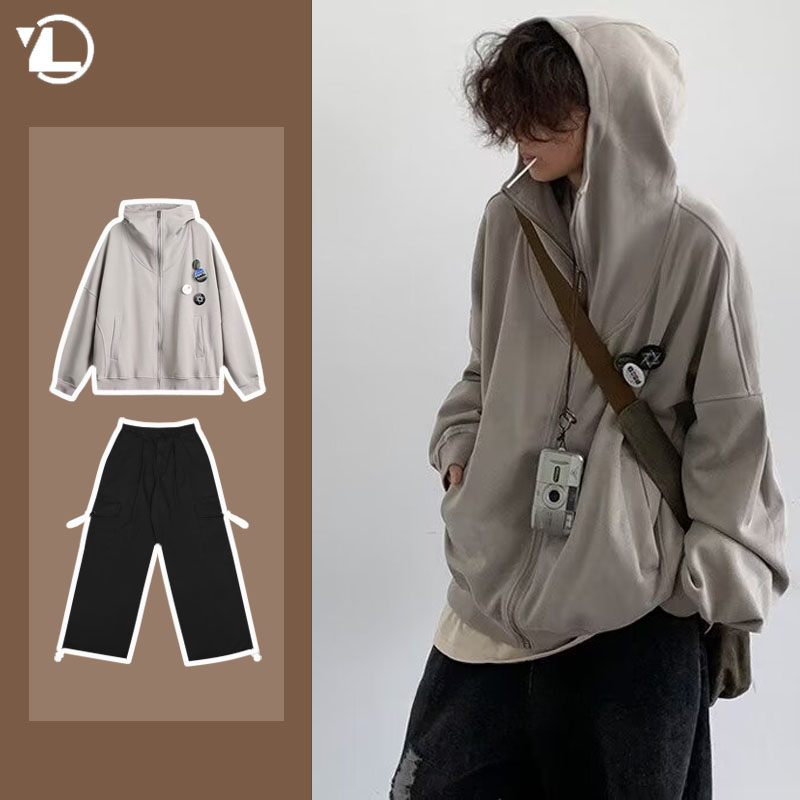 Autumn College Casual Set Men  - Vintage Zip Hoodie ulasan dan harga