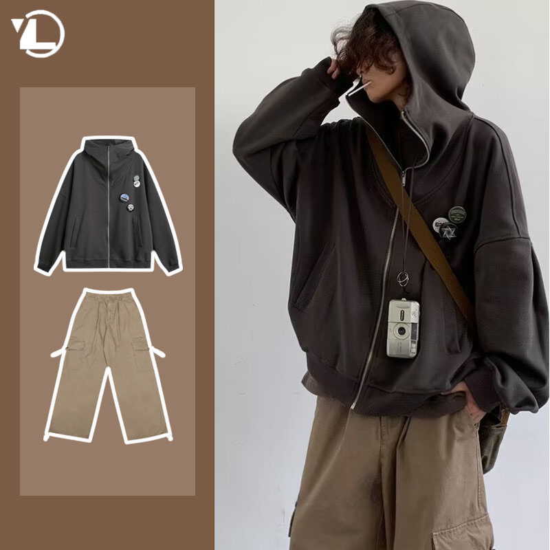 Autumn College Casual Set Men  - Vintage Zip Hoodie ulasan dan harga