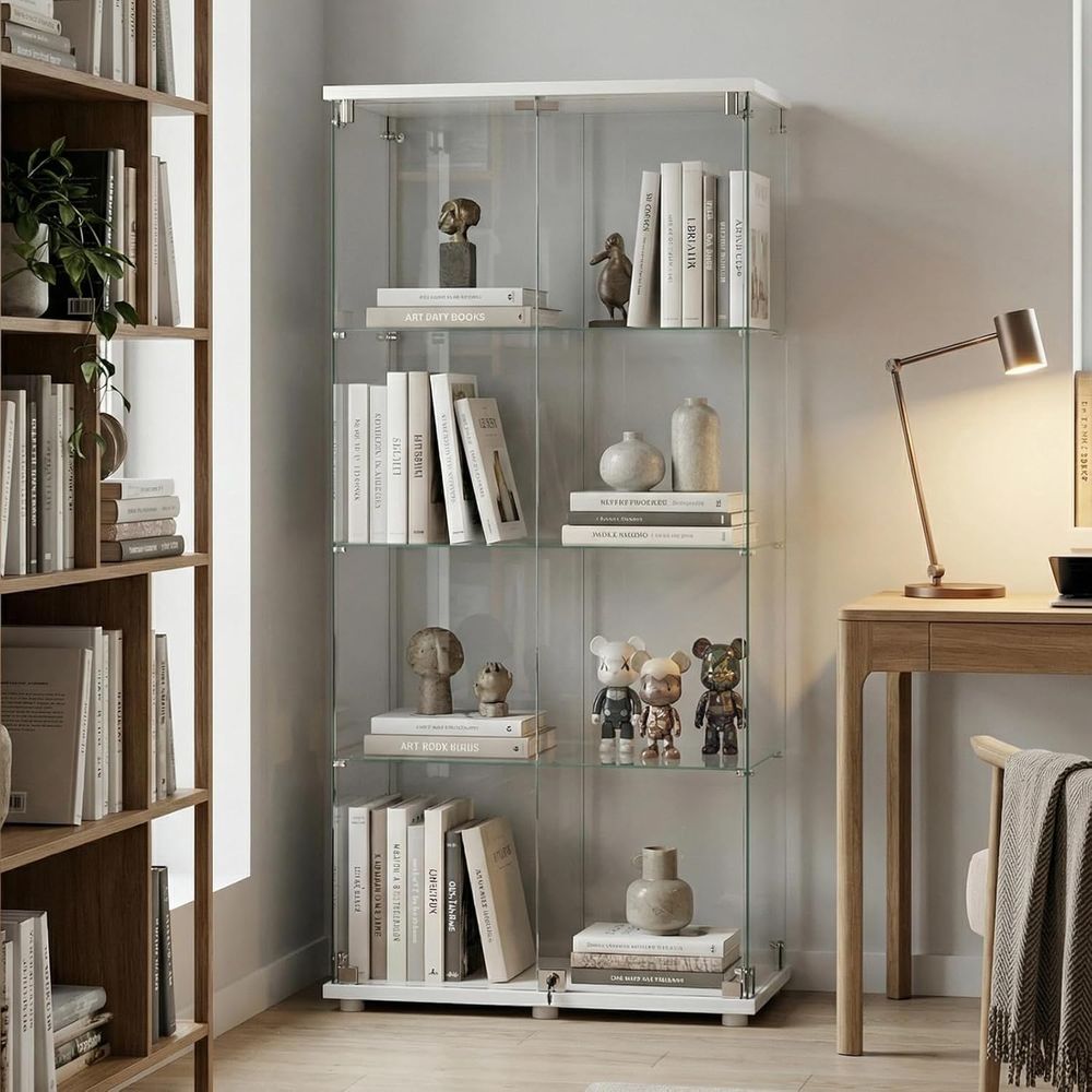 4-Tier Tempered Glass Curio Ca - Collectible Collection ulasan dan harga
