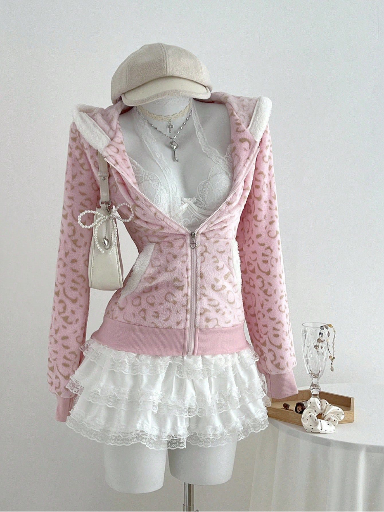 Cute pink Leopard Pint Hooded  - Vintage Zip Hoodie ulasan dan harga