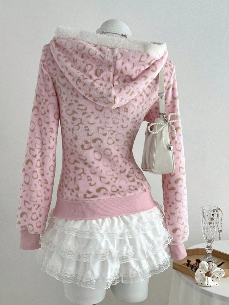 Cute pink Leopard Pint Hooded  - Vintage Zip Hoodie ulasan dan harga