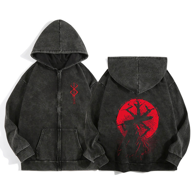 Anime Berserk Wash Zip Up Hood - Vintage Zip Hoodie ulasan dan harga