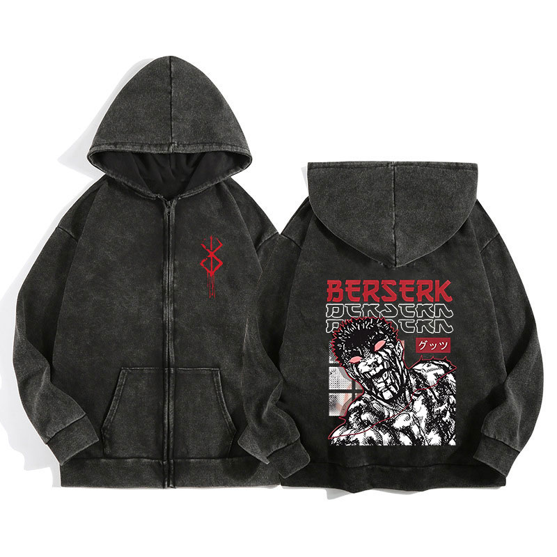 Anime Berserk Wash Zip Up Hood - Vintage Zip Hoodie ulasan dan harga