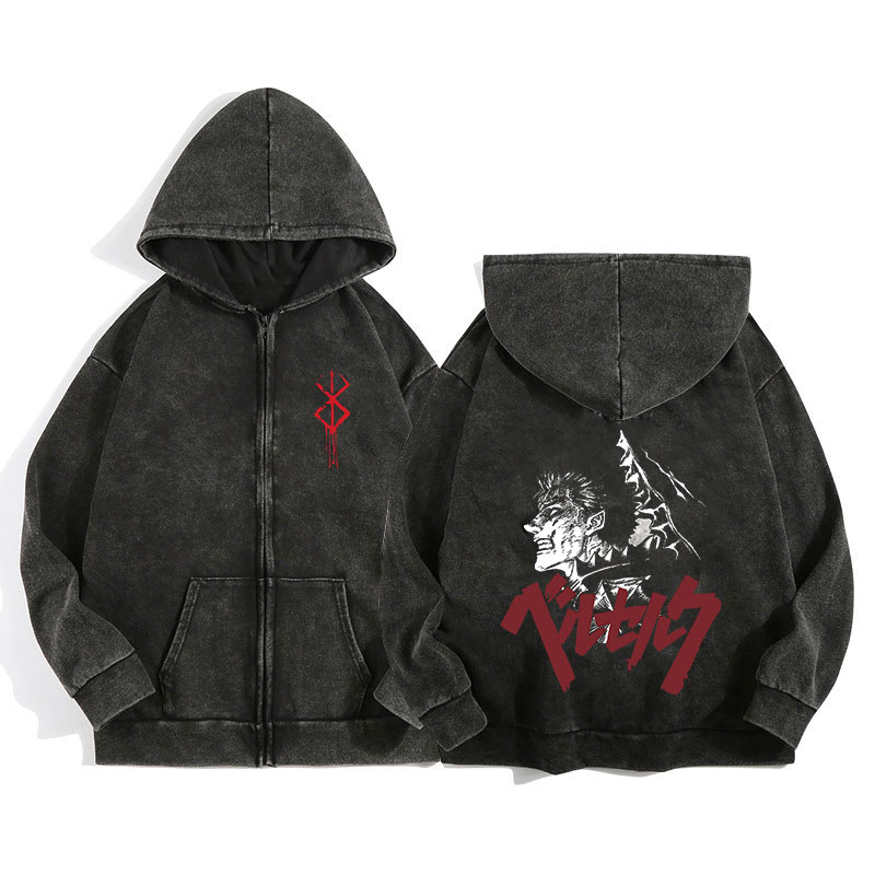 Anime Berserk Wash Zip Up Hood - Vintage Zip Hoodie ulasan dan harga